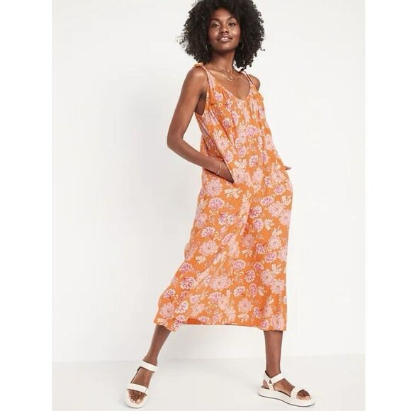 Old Navy Hawaiian Floral Maxi Dress Large Orange Pink Flowy V-Neck Pockets Beach - Picture 1 of 9